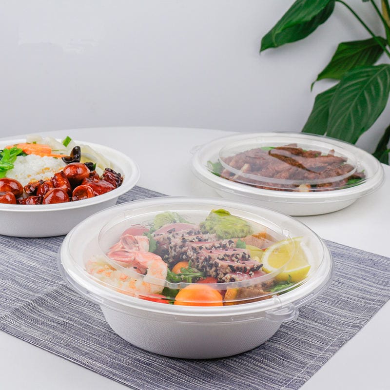 ciotola biodegradabile in canna da zucchero con coperchi in PET