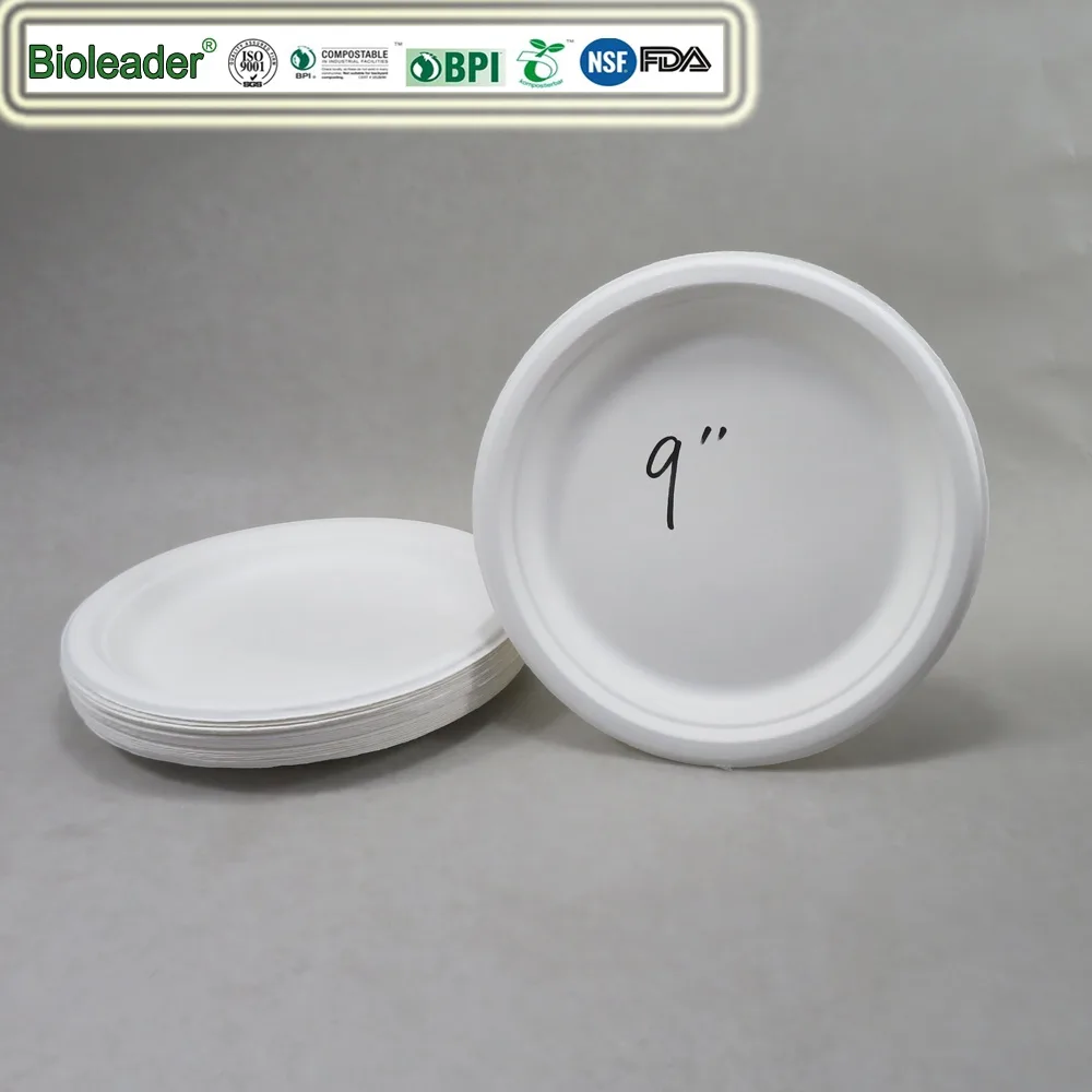Pratos biodegradáveis de bagaço de cana-de-açúcar de 9 polegadas a granel por atacado