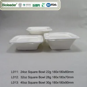 Bols carrés en bagasse de canne à sucre avec couvercle 24 32 40oz
