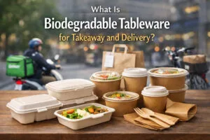 Louça biodegradável para takeaway e entrega, incluindo caixa de bagaço tipo concha, copo de papel kraft, taça de papel, talheres de madeira e embalagens alimentares ecológicas