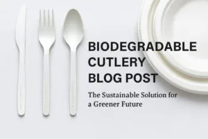 Biodegradable cutlery made from CPLA and bagasse beside eco-friendly plates, representing sustainable utensils for a greener future
