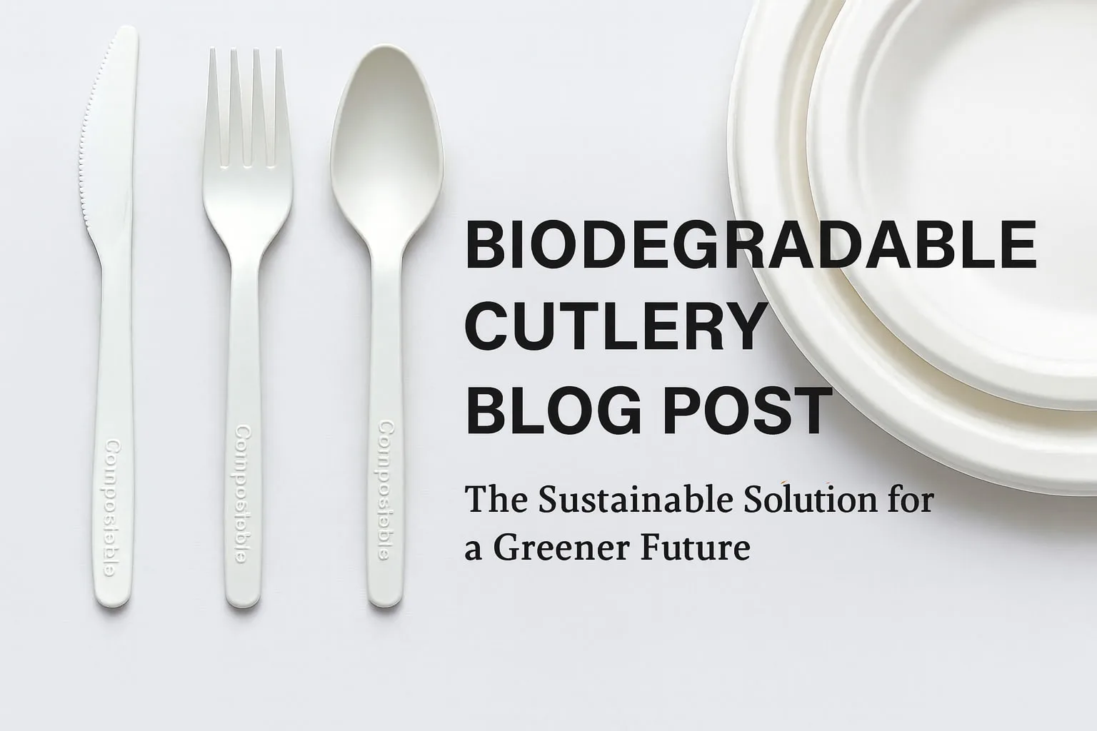 Biodegradable cutlery made from CPLA and bagasse beside eco-friendly plates, representing sustainable utensils for a greener future