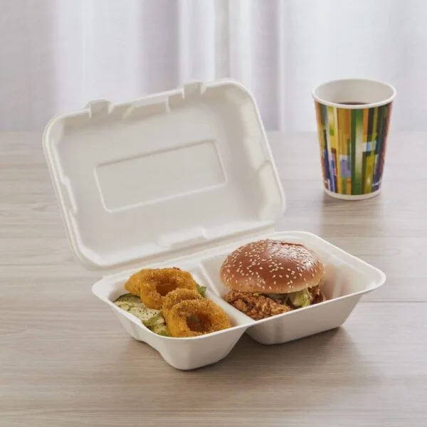 Sugarcane Bagasse Clamshell Boxes – Eco-Friendly Takeaway Food Packaging