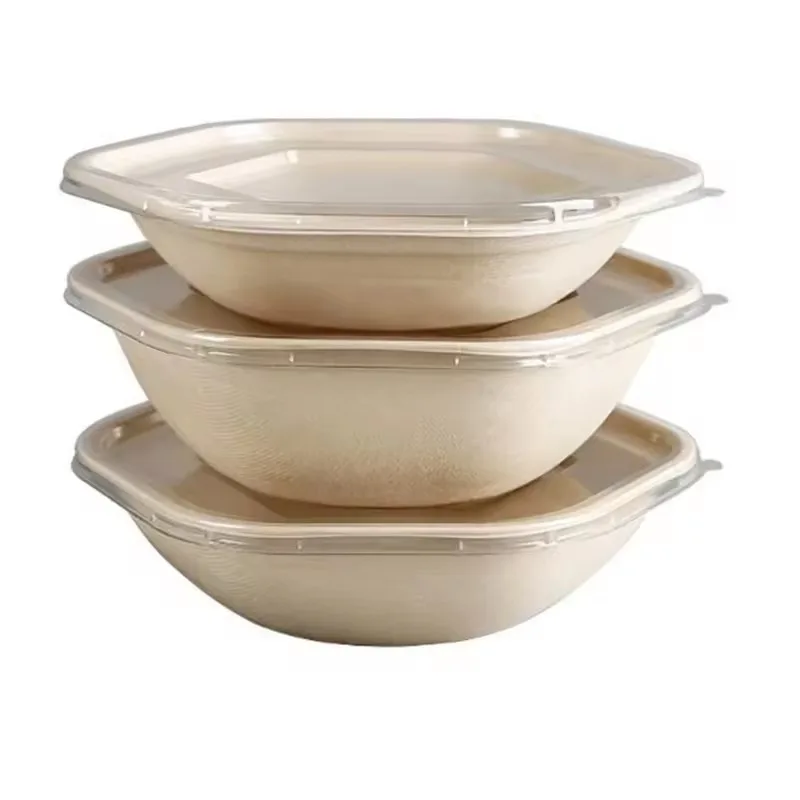 Компостируемые шестиугольные чаши из багассы с крышками 1000 мл 1300 мл 1600 мл