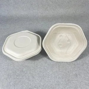 Ciotole esagonali in bagassa compostabili con coperchio 1000ml 1300ml 1600ml