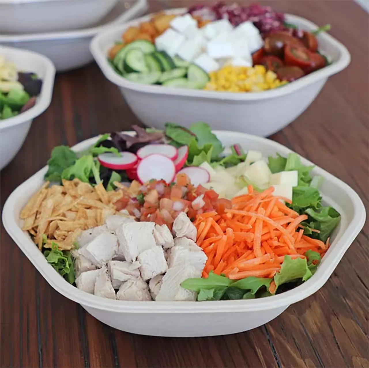 Компостируемые шестигранные чаши из багассы с крышками 1000 мл 1300 мл 1600 мл