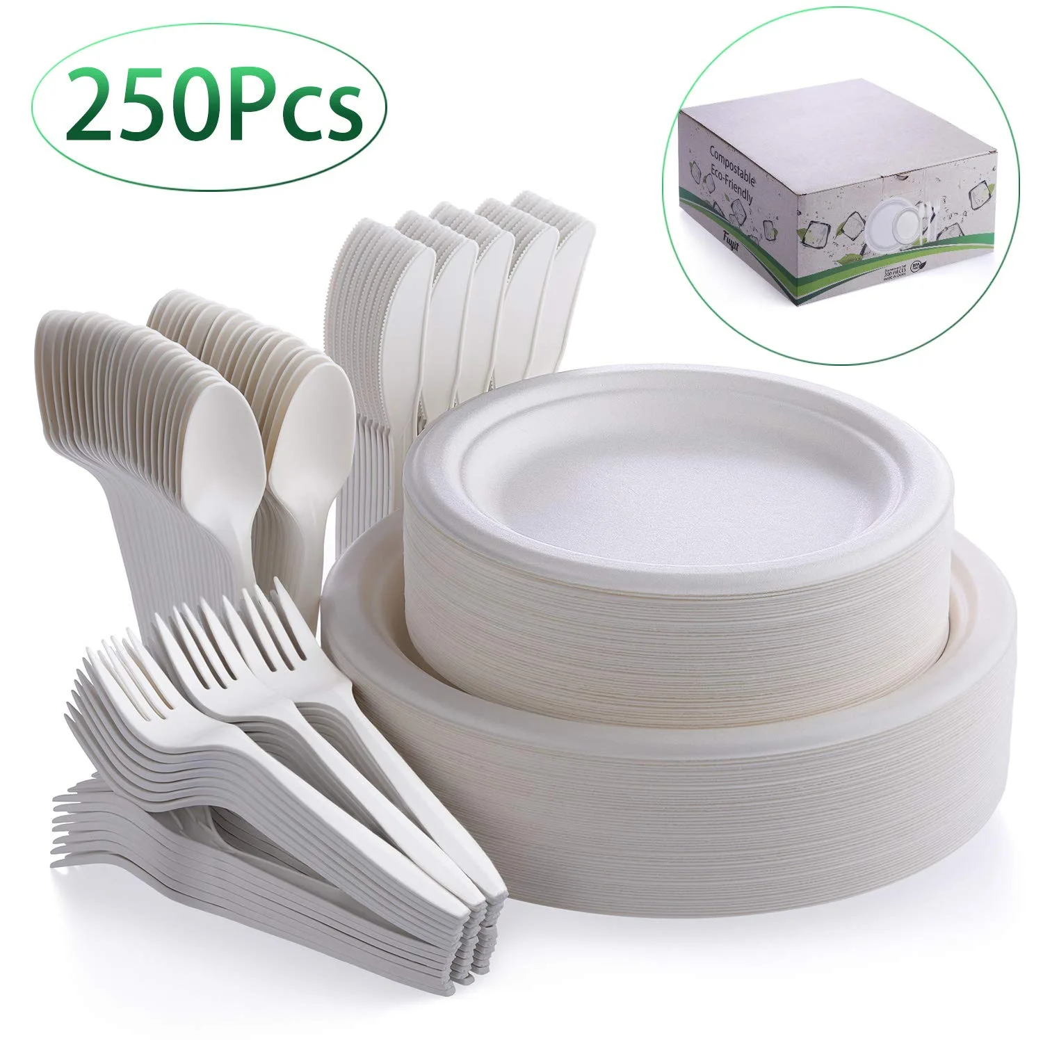 Conjunto de pratos e talheres biodegradáveis