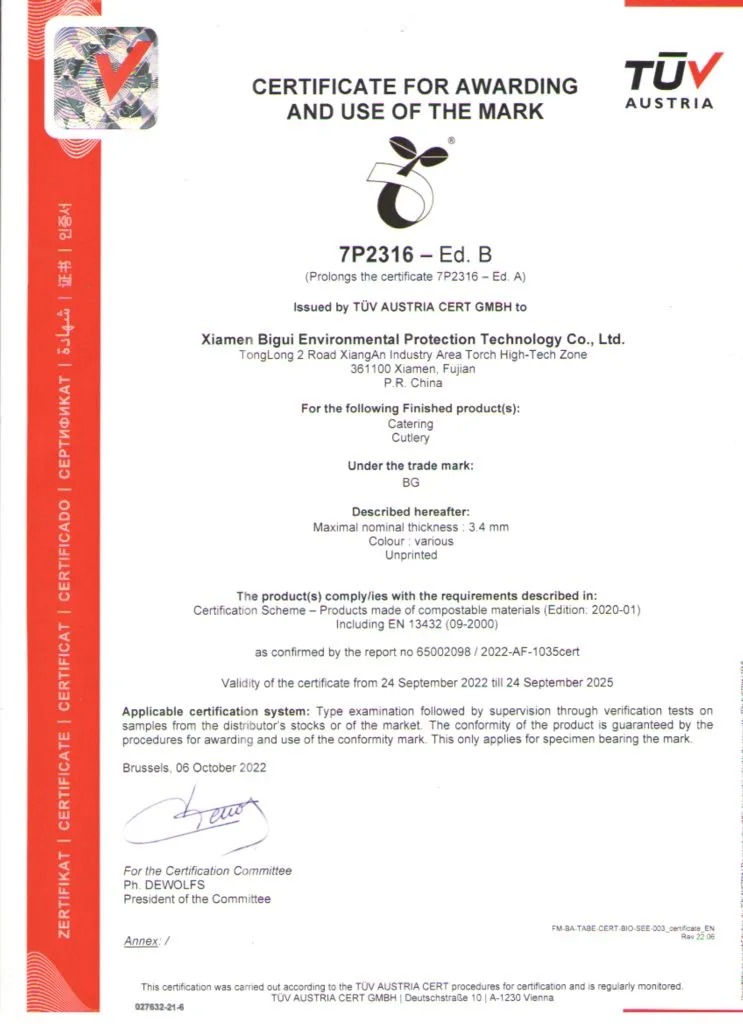 Couverts CPLA compostables Certificat EN 13432 Couverts CPLA compostables Certificat EN 13432