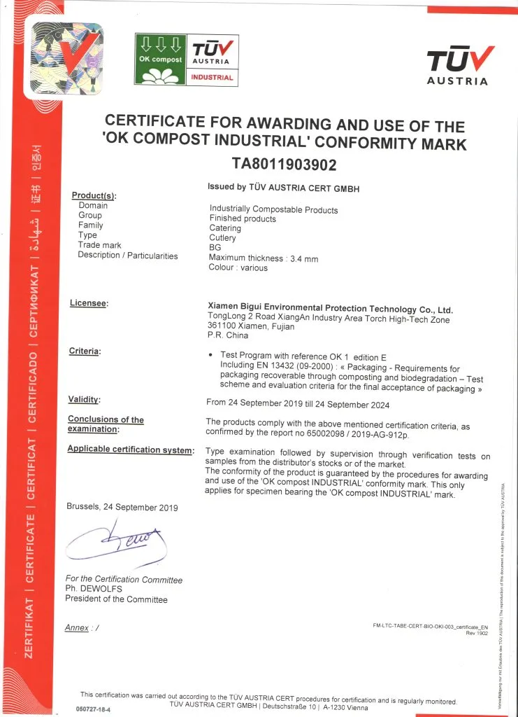 شهادة أدوات مائدة CPLA القابلة للتحويل إلى سماد عضوي CPLA شهادة سماد صناعي موافق