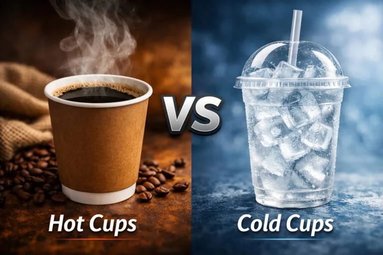 Comparação entre chávena quente e chávena fria, mostrando uma chávena de café de papel fumegante à esquerda e uma chávena fria PLA transparente com gelo à direita