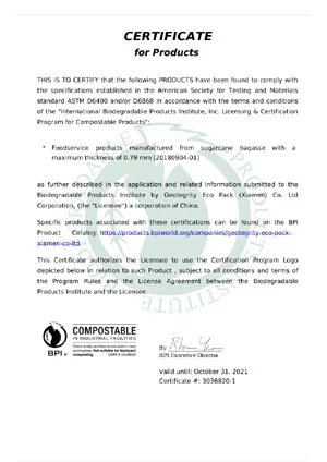 Certificado BPI para vajilla de bagazo de caña de azúcar