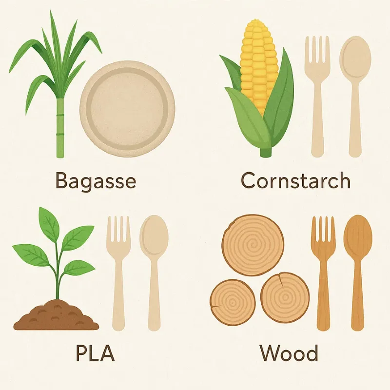 Распространенные материалы, используемые в компостируемых столовых приборах Распространенные материалы, используемые в компостируемых столовых приборах
