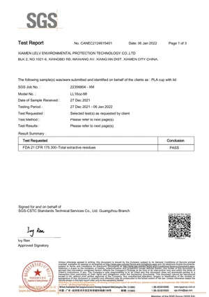 FDA 21CFR SGS Clear PLA Compostable Cup | Bioleader® Certificate