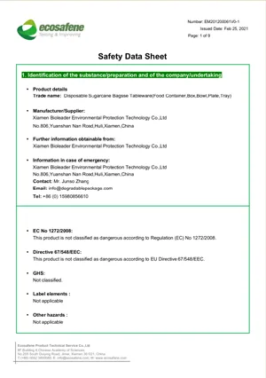 MSDS Sugarcane Tableware Bioleader® Certificate