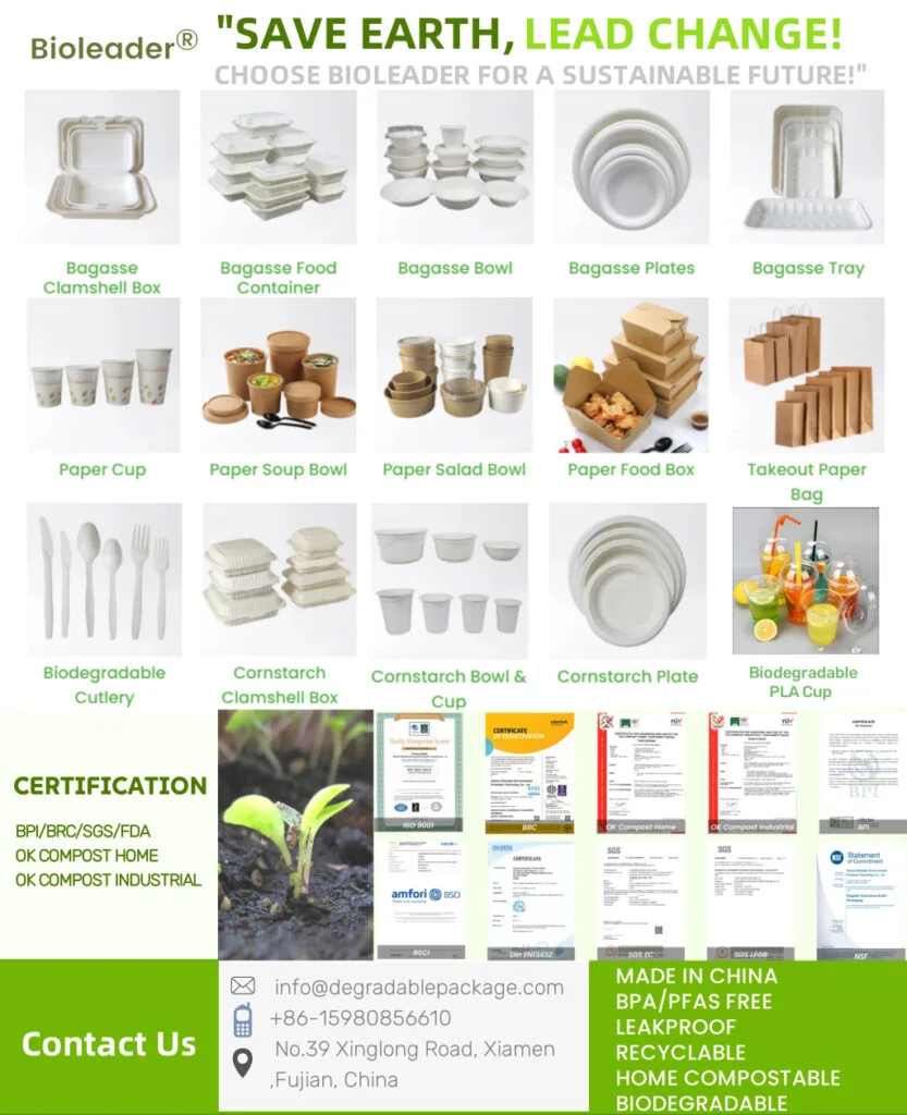 Surtido de productos de empaque biodegradables y compostables certificados por Bioleader Eco Pack