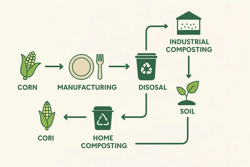 Блок-схема процесса деградации посуды из кукурузного крахмала