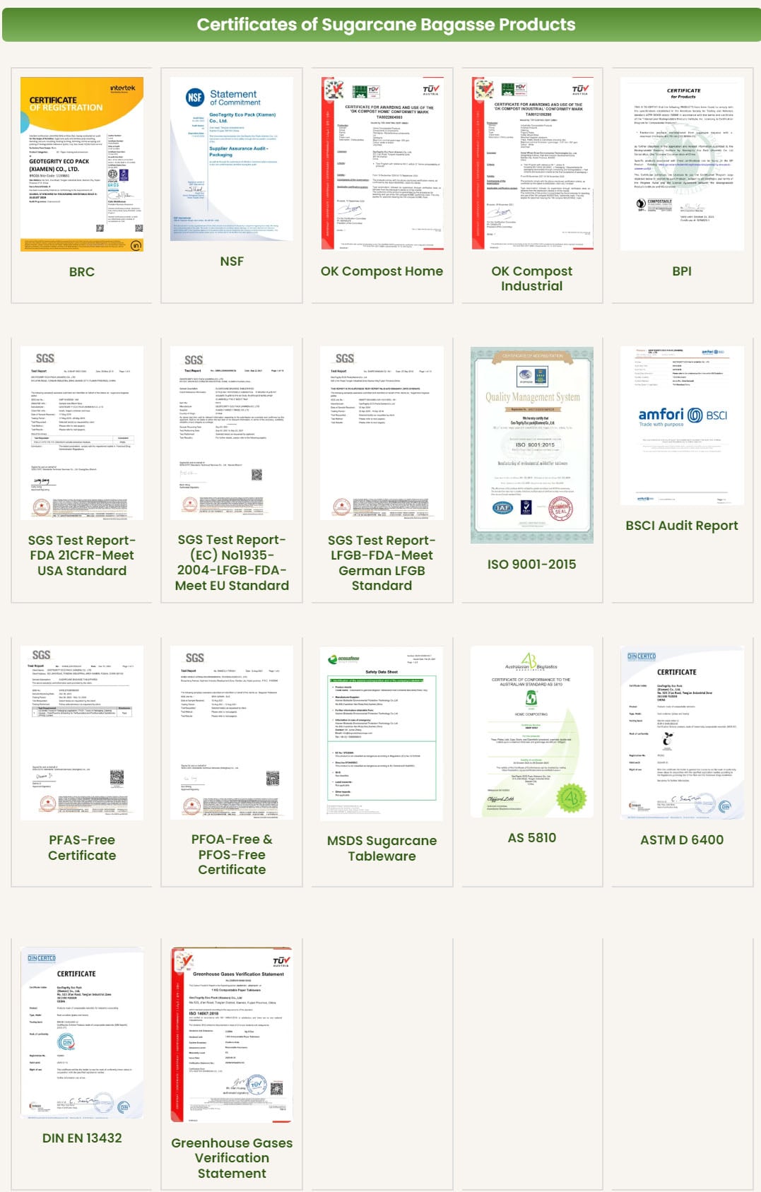 Сертификаты на посуду из багассы сахарного тростника