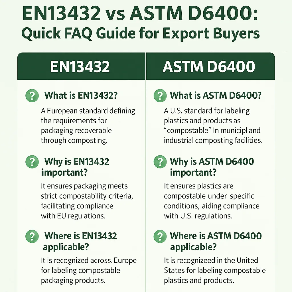 EN13432 vS ASTM D6400 Guía rápida de preguntas frecuentes para compradores de exportación EN13432 vS ASTM D6400 Guía rápida de preguntas frecuentes para compradores de exportación
