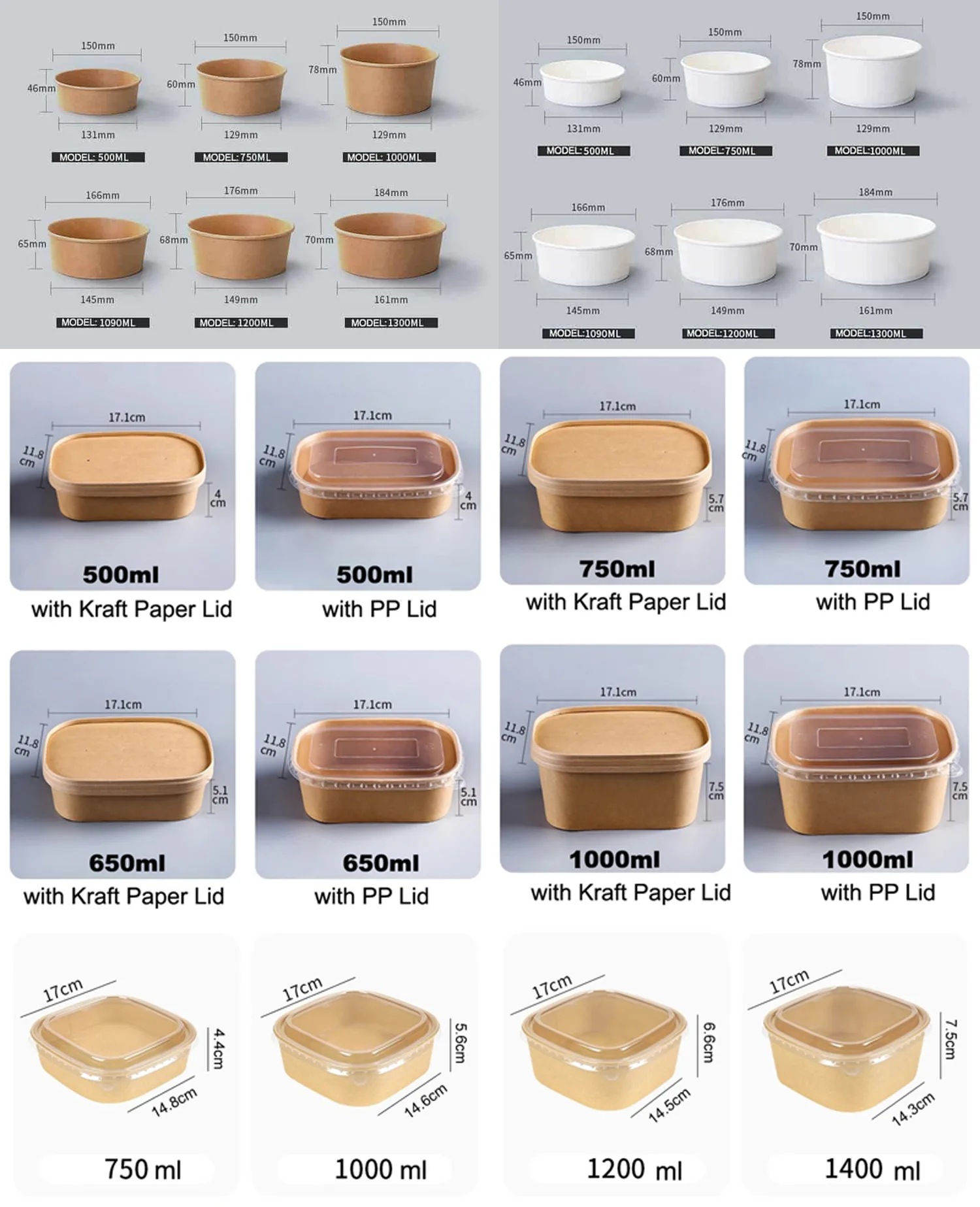 Paper bowl and lid configurations showing kraft paper and plastic lid options
