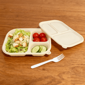 Barquette alimentaire en amidon de maïs avec couvercle 1000ml 3-Compt.| Fabricant de vaisselle en amidon de maïs Bioleader®