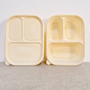 Barquette alimentaire en amidon de maïs avec couvercle 1000ml 3-Compt.| Fabricant de vaisselle en amidon de maïs Bioleader®