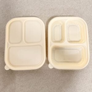Barquette alimentaire en amidon de maïs avec couvercle 1000ml 3-Compt.| Fabricant de vaisselle en amidon de maïs Bioleader®