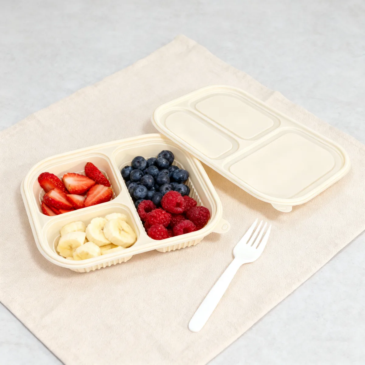 Cornstarch Food Container Tray With Lid 1000ml 3-Compt.| Bioleader® Cornstarch Tableware Manufacturer