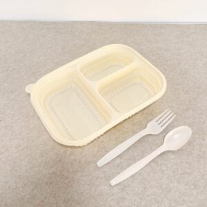 Barquette alimentaire en amidon de maïs avec couvercle 1000ml 3-Compt.| Fabricant de vaisselle en amidon de maïs Bioleader®
