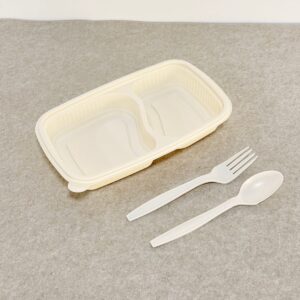 Vassoio per alimenti in amido di mais con coperchio 650ml 2-Compt.| Produttore di stoviglie in amido di mais Bioleader®
