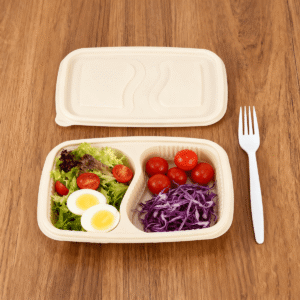 Vassoio per alimenti in amido di mais con coperchio 650ml 2-Compt.| Produttore di stoviglie in amido di mais Bioleader®