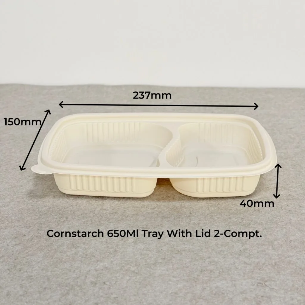 Cornstarch Food Container Tray With Lid 650ml 2-Compt.| Bioleader® Cornstarch Tableware Manufacturer