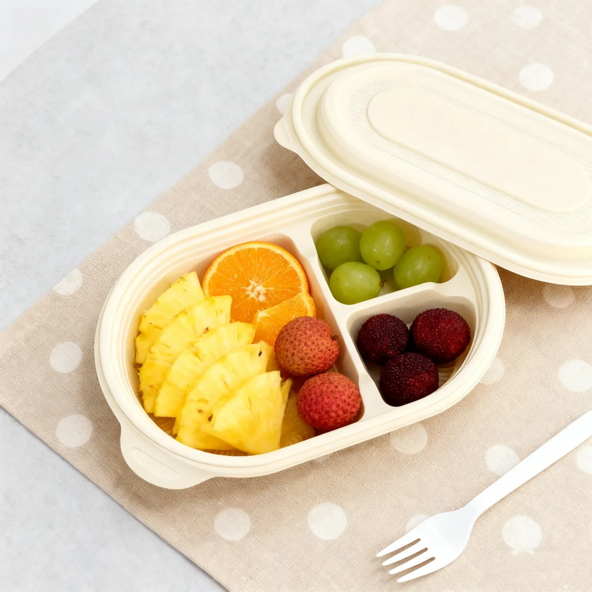 Bacs à fécule de maïs avec couvercle 650ml 3-Compt.| Bioleader® Vaisselle de table en fécule de maïs