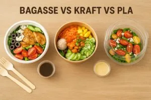Comparaison de bols jetables écologiques – bol en bagasse avec nouilles, bol en papier kraft avec salade poke, et bol transparent en PLA avec jeunes pousses, présentés côte à côte sur une table à manger en lumière naturelle.