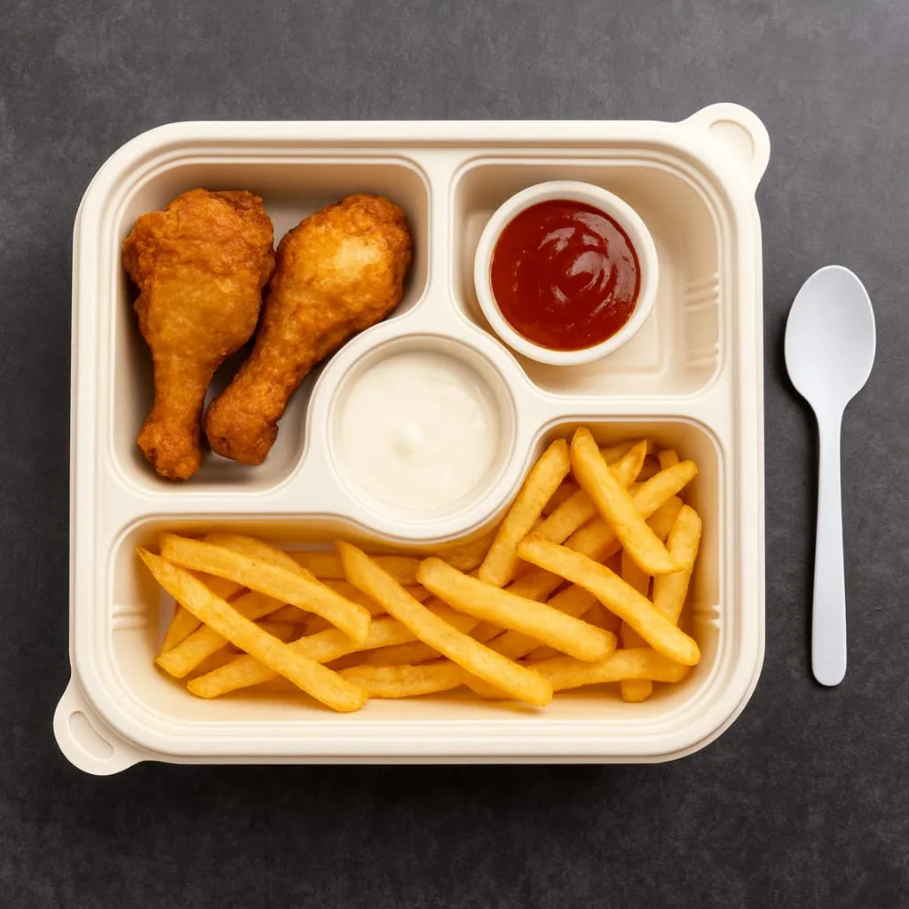 フライドチキンやフライドポテトを入れるフタ付きコーンスターチトレーは、耐油性のコンポスト容器。