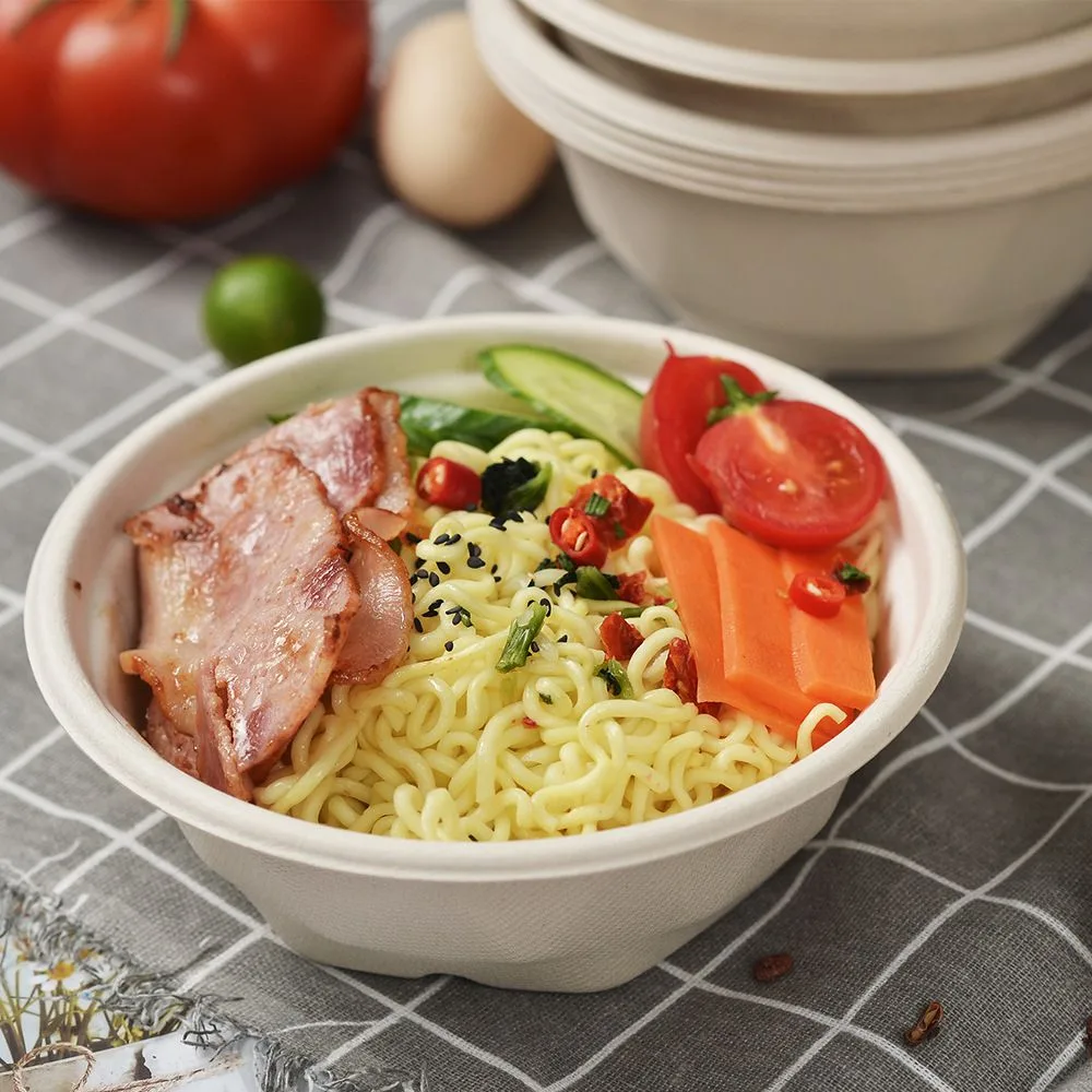 Disposable salad bowls with lids made from sugarcane bagasse for eco-friendly catering, takeout, and wholesale supply