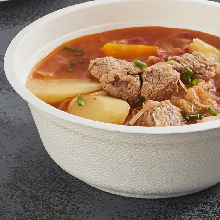 Eco friendly compostable soup bowls made from sugarcane bagasse for hot soups, stews, and catering bulk wholesale packaging