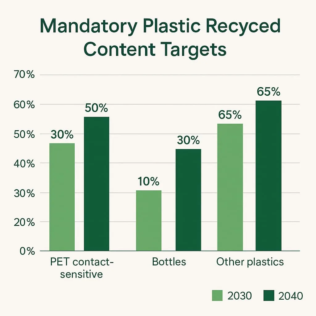 Gráfico de barras: Metas de conteúdo reciclado PFAS 2030 vs 2040
