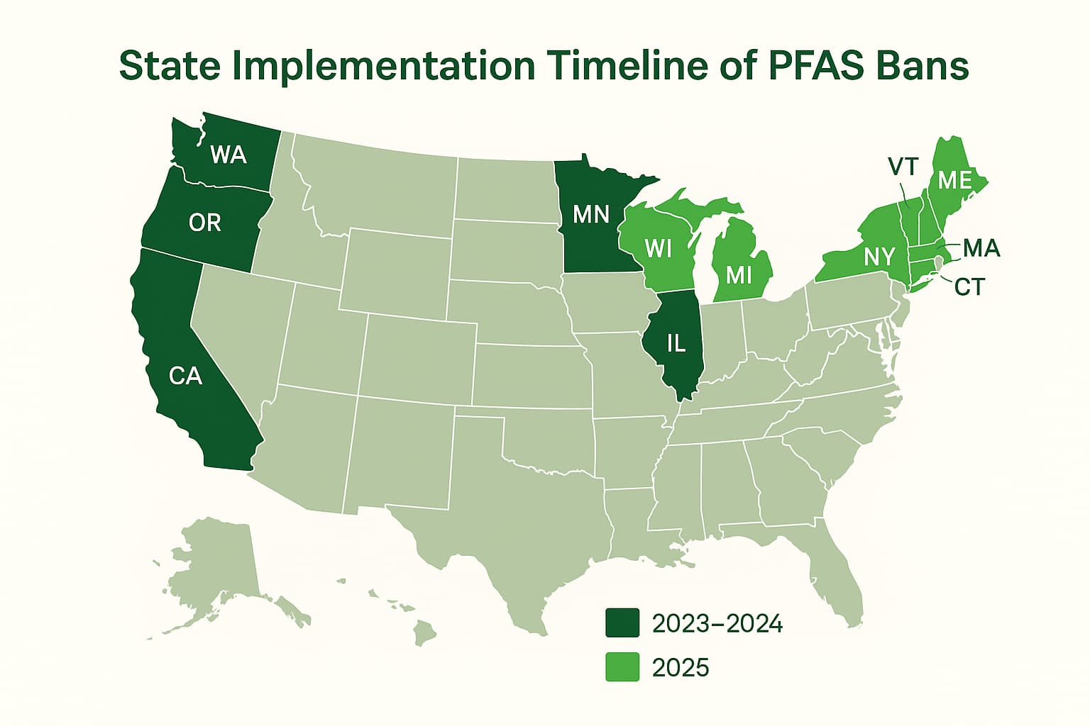 PFAS州禁止年表 米国地図 2022年から2025年 PFAS州禁止年表 米国地図 2022年から2025年
