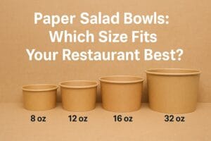 A set of eco-friendly paper salad bowls in 8oz, 12oz, 16oz, 24oz, and 32oz sizes filled with fresh salads, fruits, and noodles on a wooden table