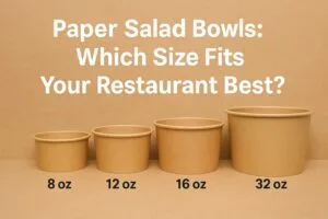 A set of eco-friendly paper salad bowls in 8oz, 12oz, 16oz, 24oz, and 32oz sizes filled with fresh salads, fruits, and noodles on a wooden table