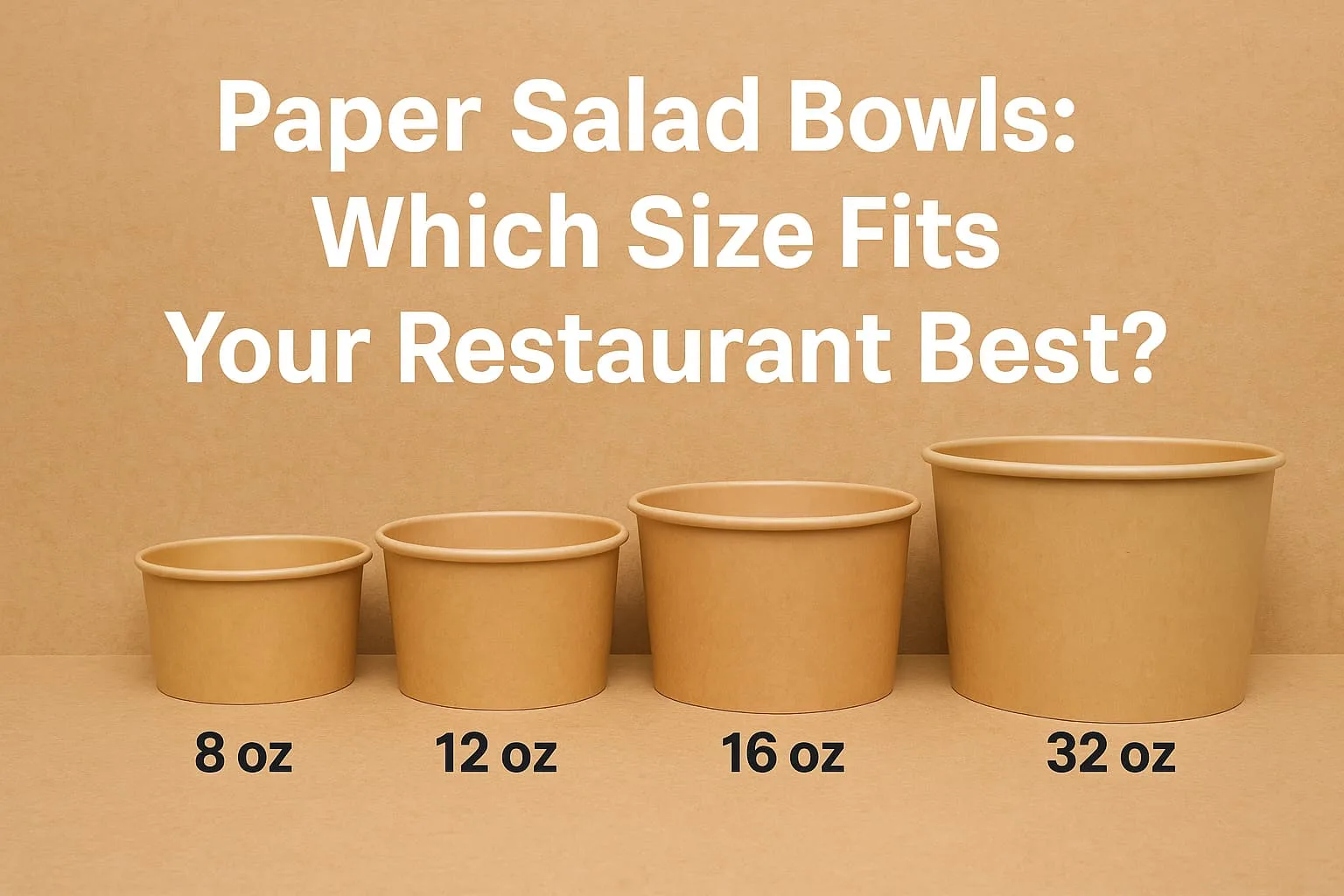 A set of eco-friendly paper salad bowls in 8oz, 12oz, 16oz, 24oz, and 32oz sizes filled with fresh salads, fruits, and noodles on a wooden table