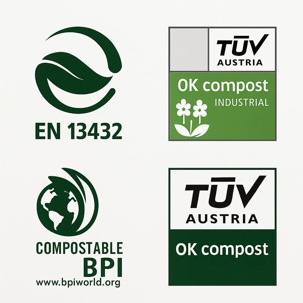 Логотипы сертификации компостируемых материалов, включая EN13432, ASTM D6400, BPI и TÜV OK Compost