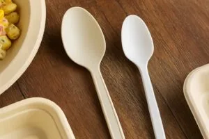 Compostable PLA and CPLA spoons with eco-friendly cornstarch food containers on wooden table