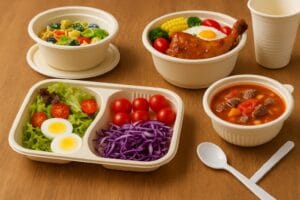 Eco-friendly cornstarch tableware including bowls, trays with lids, and cutlery, displayed with food for sustainable takeaway packaging