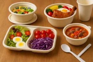 Eco-friendly cornstarch tableware including bowls, trays with lids, and cutlery, displayed with food for sustainable takeaway packaging