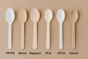 Six types of disposable spoons made from PP/PS, wood, bagasse fiber, PLA, CPLA, and hybrid eco-friendly materials with clear labels