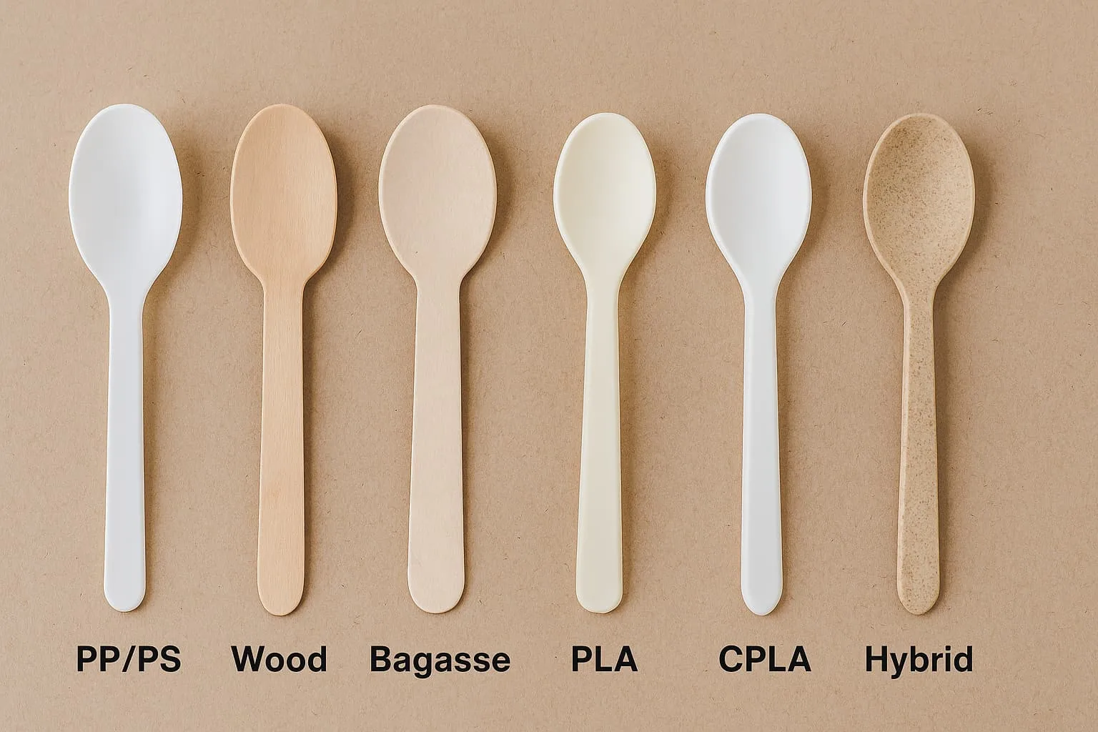 Six types of disposable spoons made from PP/PS, wood, bagasse fiber, PLA, CPLA, and hybrid eco-friendly materials with clear labels