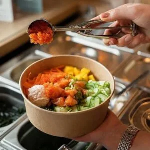 Kraft paper salad bowl with fresh mixed greens, eco-friendly disposable packaging with natural brown look