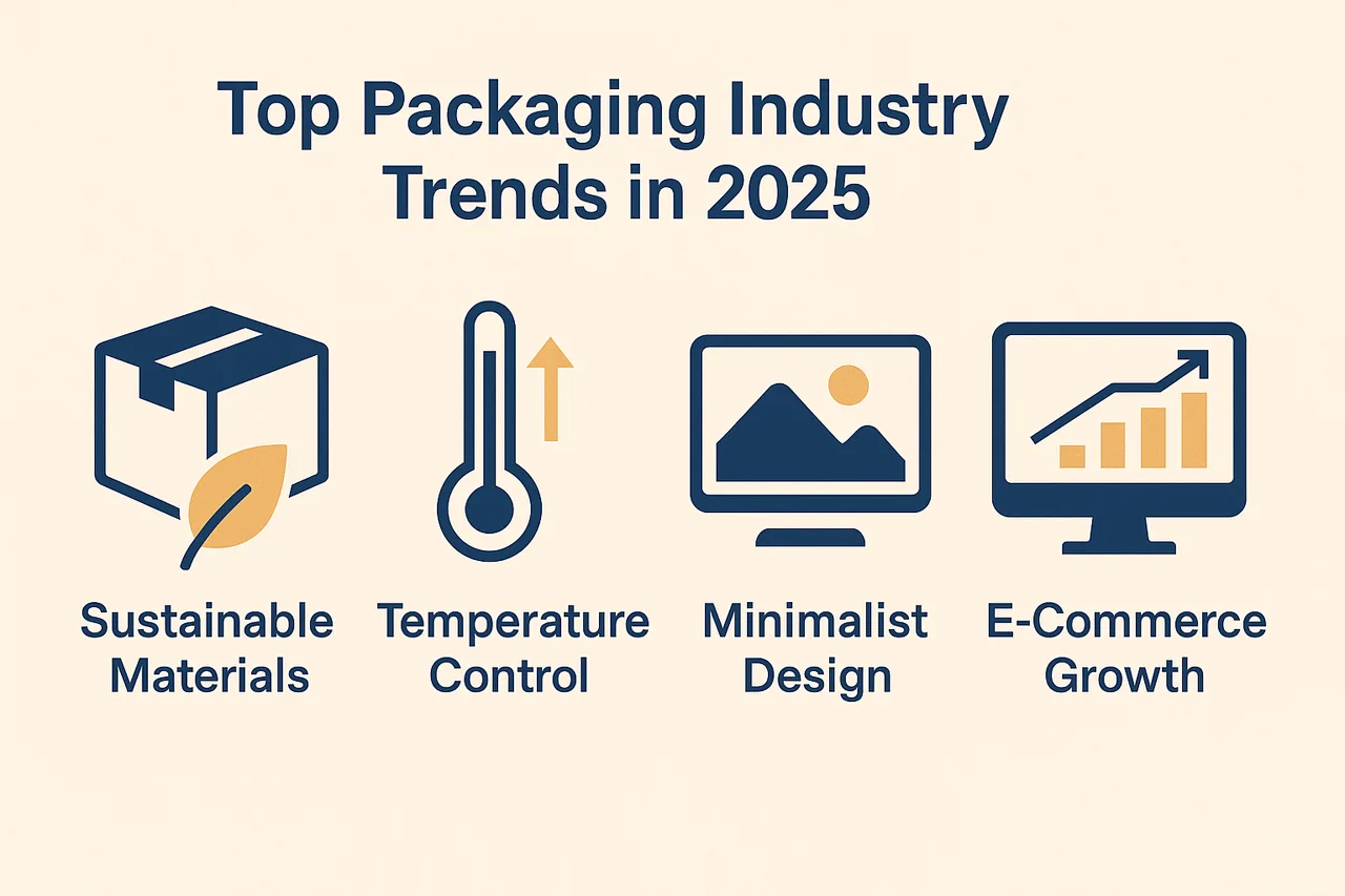 包装業界のトップトレンド2025 インフォグラフィック 持続可能な素材、ミニマルデザイン、eコマース
