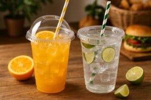 PLA clear cups with colorful iced drinks and fruits on café table, eco-friendly cold drink packaging 2025